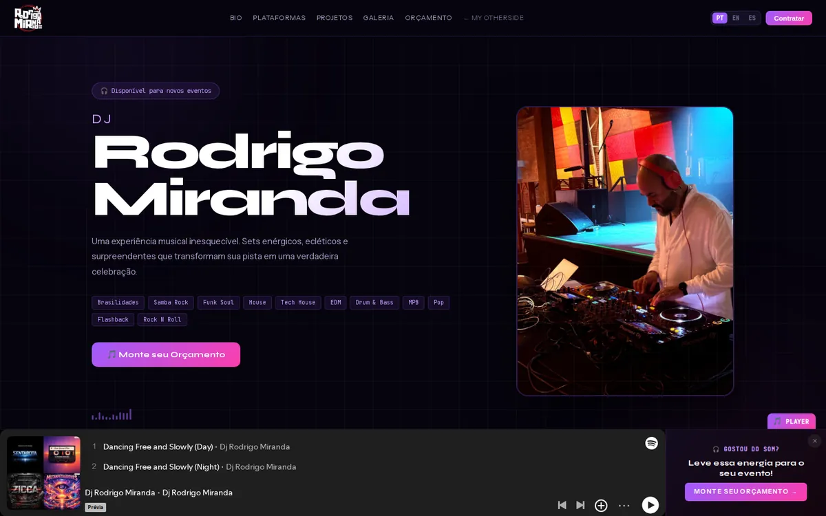 Página inicial do site DJ Rodrigo Miranda