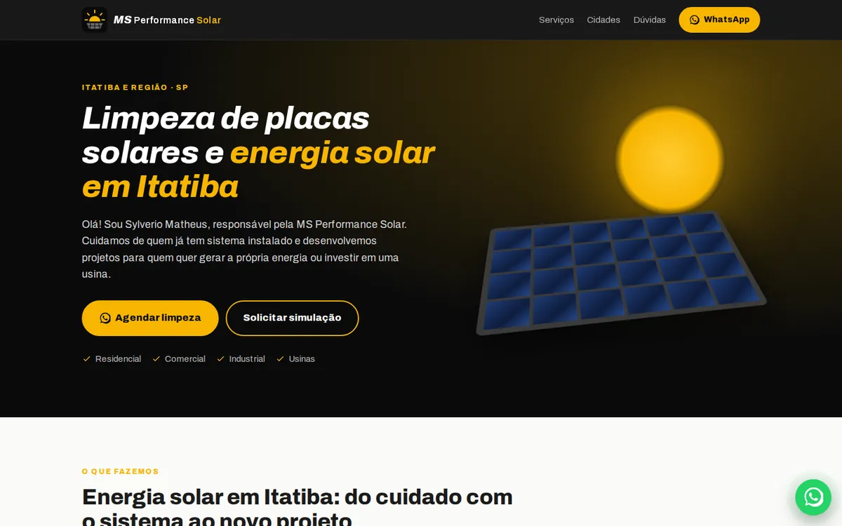 Página inicial do site MS Performance Solar — Energia Solar em Itatiba