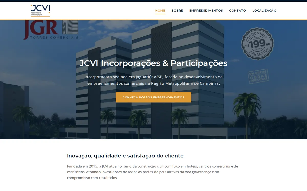 Página inicial do site JCVI Incorporações & Participações