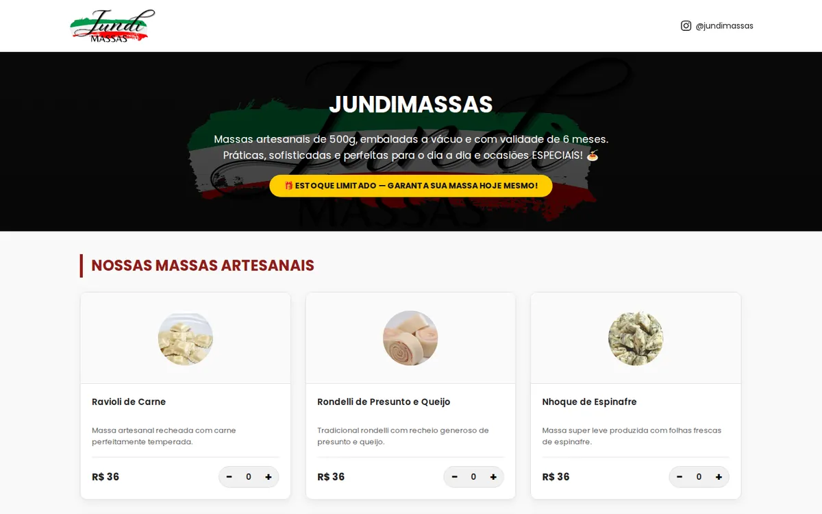 Página inicial do site Jundimassas — Massas Artesanais